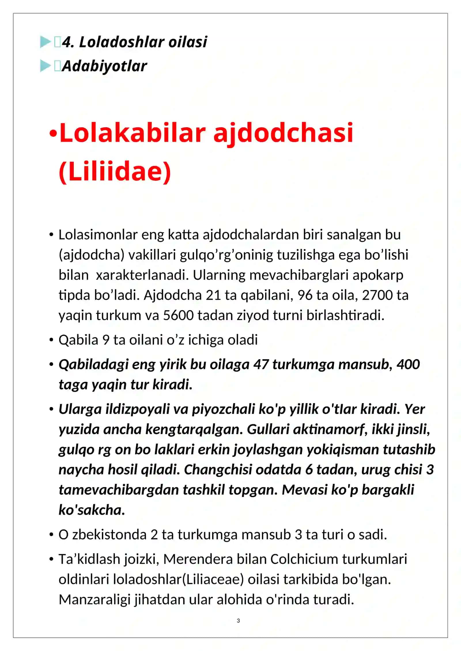 Lolanamolar qabilasi (sarvinjondoshlar, gulsafsardoshlar, loladoshlar oilalari) 3
