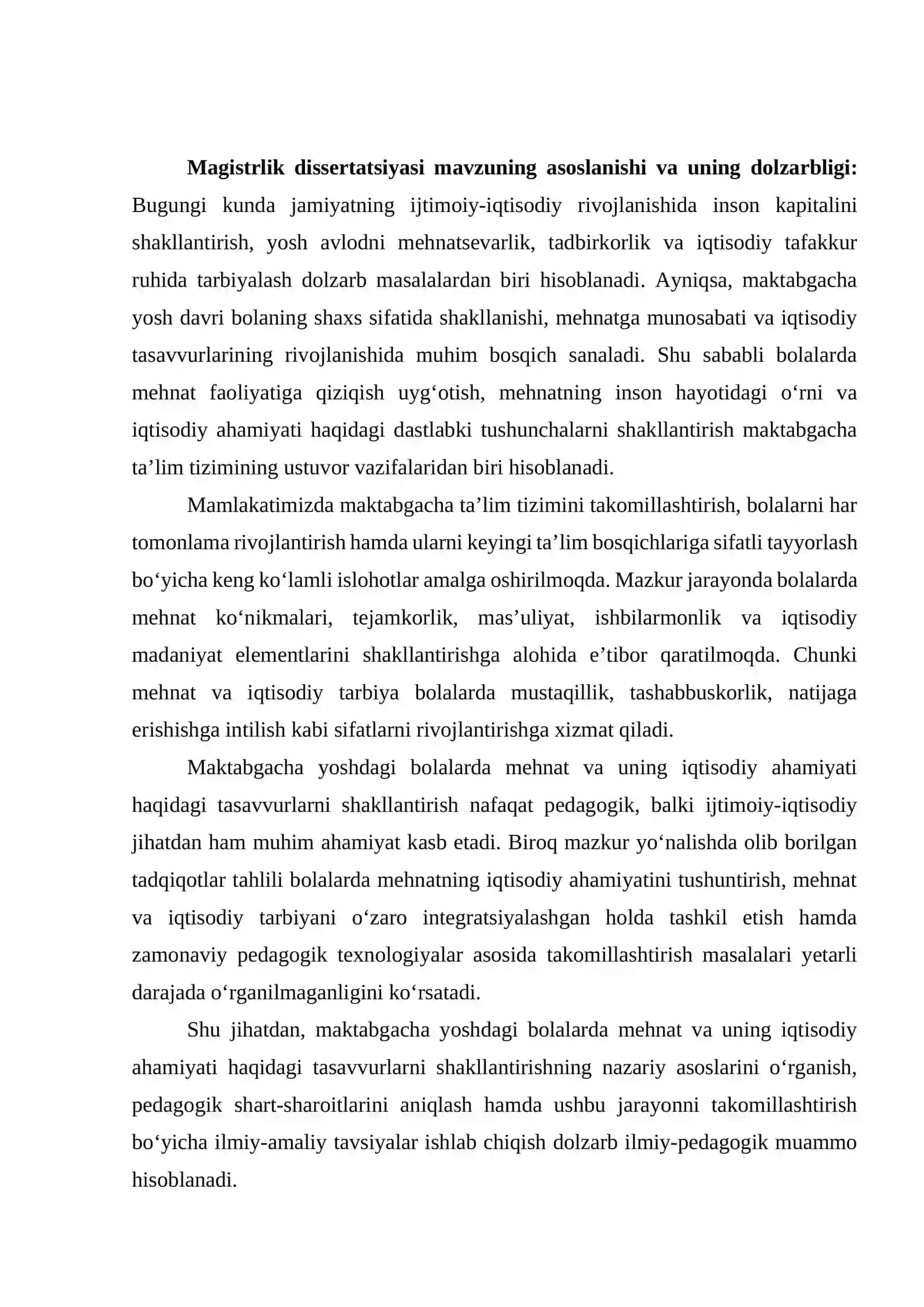 ’MAKTABGACHA YOSHDAGI BOLALARDA MEHNAT VA UNING IQTISODIY AHAMIYATI HAQIDAGI TASAVVURLARNI SHAKLLANTIRISH’’.  mavzusida yozilgan MAGISTRLIK DISSERTATSIYASI ASOSNOMASI 3