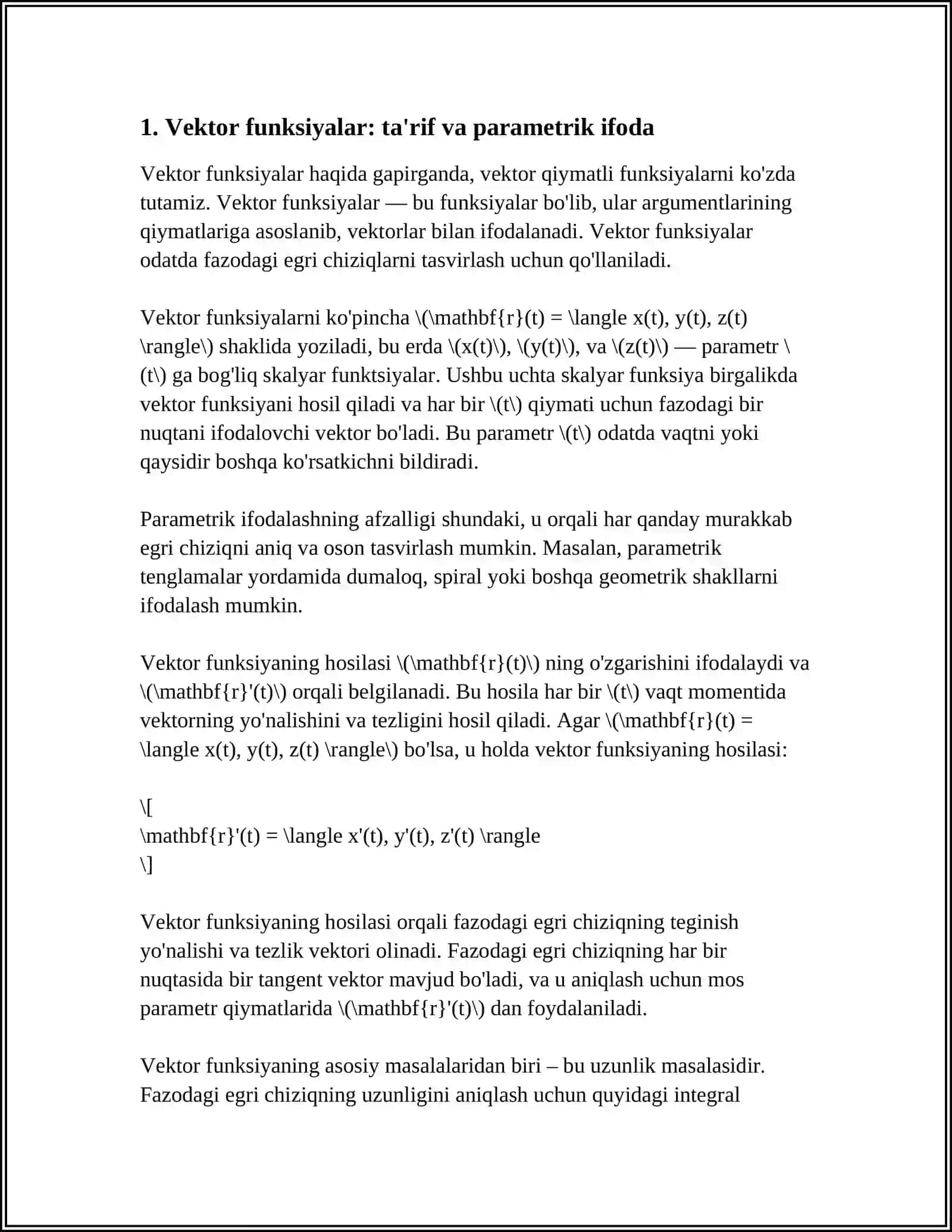 VEKTOR FUNKSIYALAR VA FAZODAGI EGRI CHIZIQLARI 3