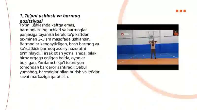 Basketbol oʻyinida toʻpni boshqarish texnikasini (toʻpni savatga tashlash) 3