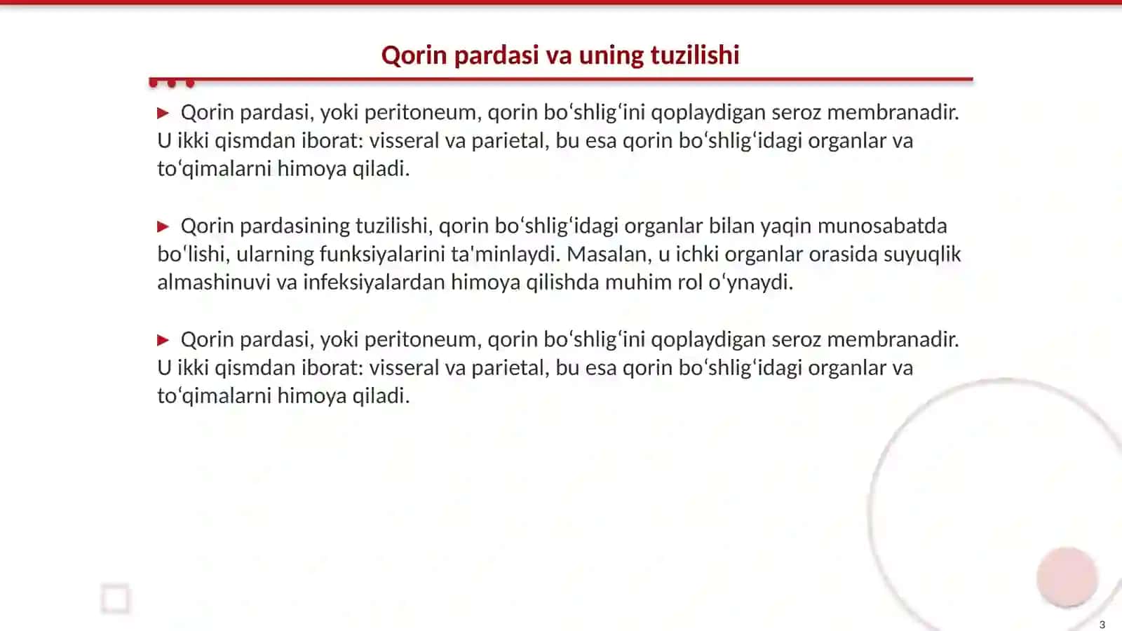 Qorin pardaning tuzilishi va uning qorin bo‘shlig‘i a’zolarigamunosabati. Sinuslar, xaltalar, cho‘ntaklar, ularning jarrohlikamaliyotidagi ahamiyati 3