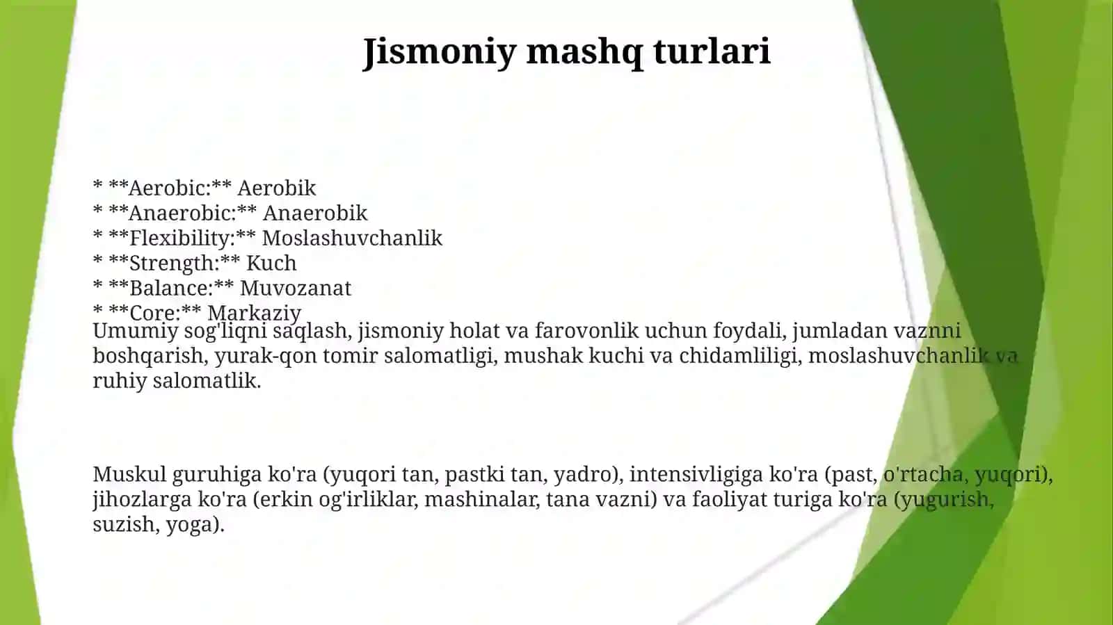 Jismoniy mashiqlarning tasniflanishi 3