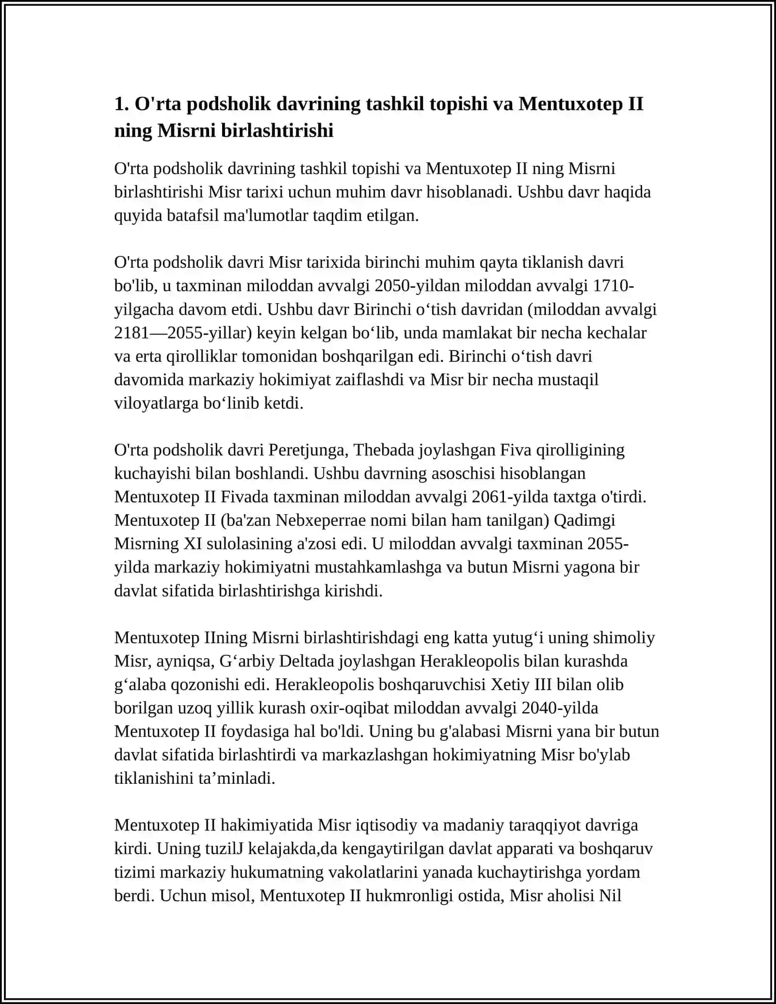 O'rta podsholik davrining tashkil topishi va Mentuxotep II ning Misrni birlashtirishi 3