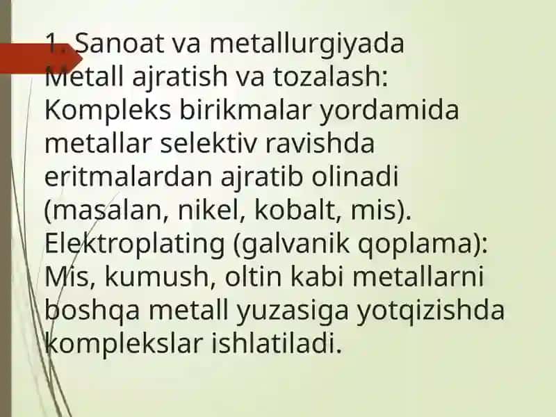 Kompleks birikmalarning qòllanilish sohalari:analitik va organik kimyo ,bionoorganika,kimyoviy texnologiya ,metallkompleksli katalizatorlar. 3