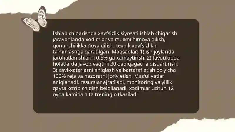 Ishlab chiqarishda faoliyat xavfsizligini boshqarish tizimi, xavfsizlikni taʼminlashga oid tadbirlarni rejalashtirish, mablagʻ bilan taʼminlash 3