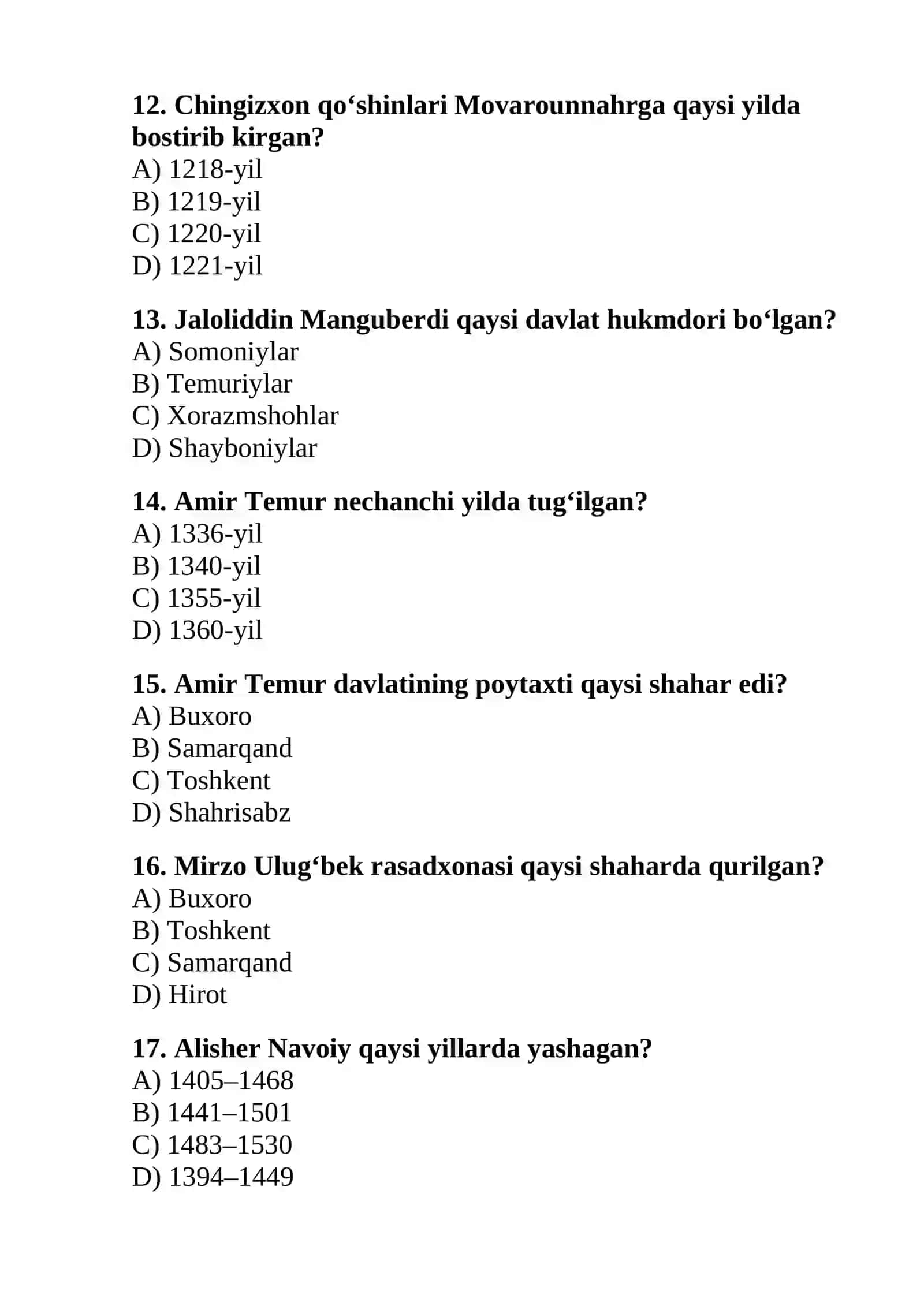 DTM uslubidagi O‘zbekiston tarixi 30 ta test 3