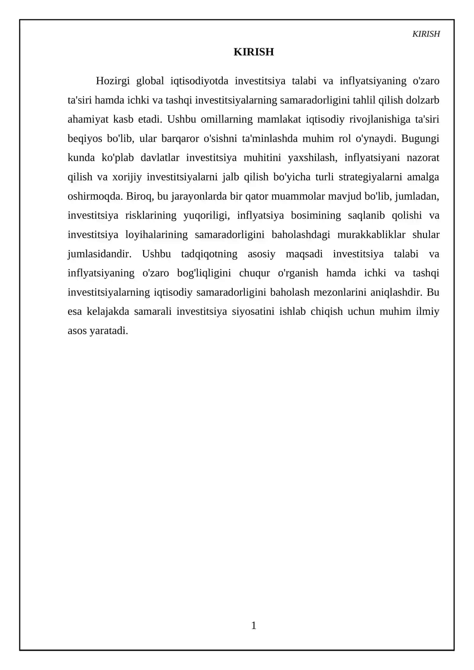 Invistitsiya talab va inflyatsiyaning tasiri. Ichki va tashqi investitsiya samaradorligi 3