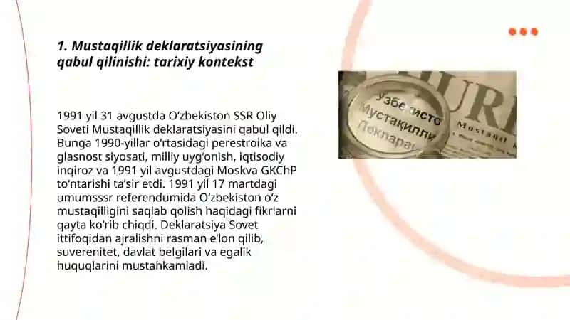 Mustaqillik deklaratsiyasi qabul qilinishi va uning tarixiy ahamiyati 3