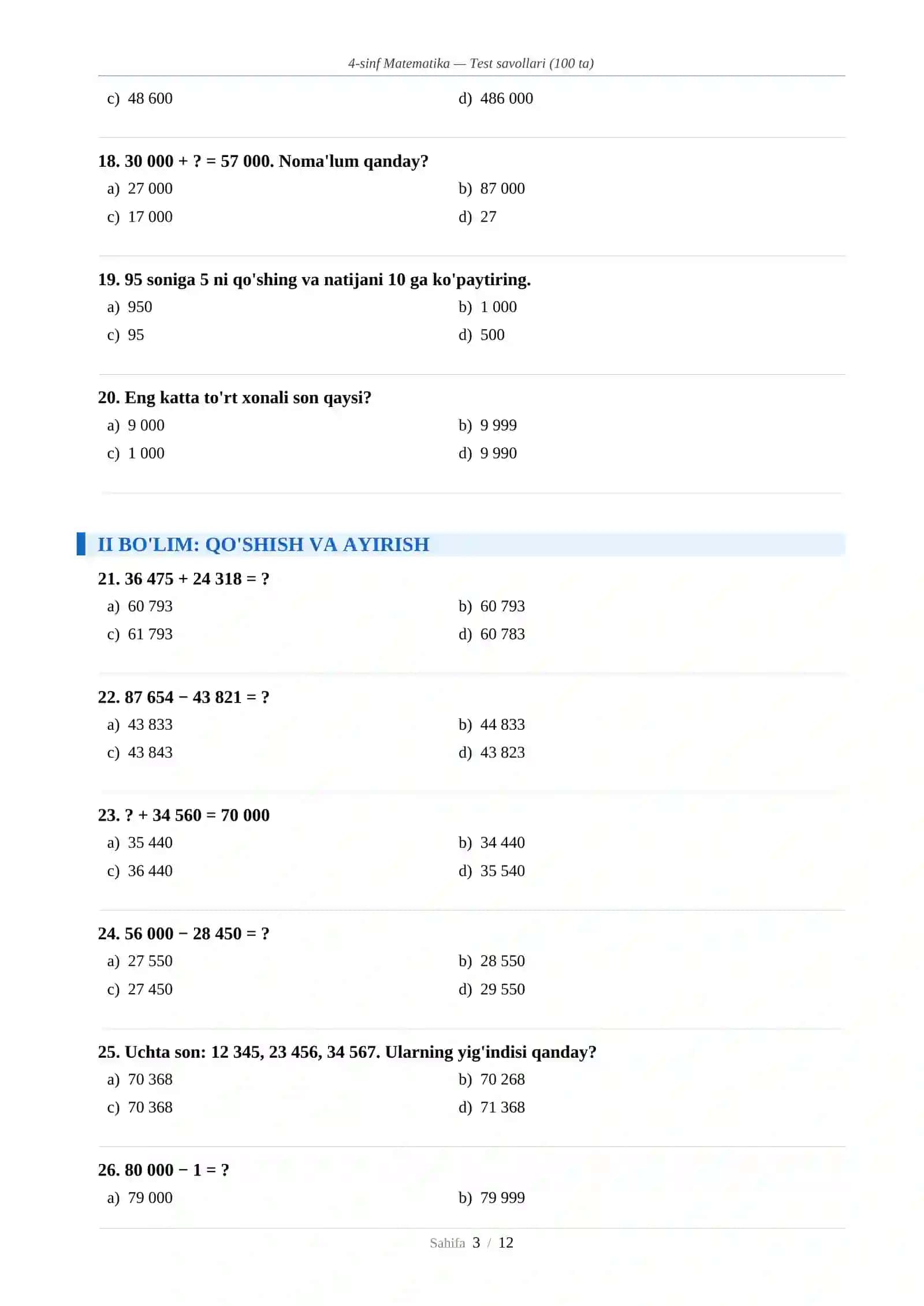 4-sinf Matematika — Test savollari (100 ta) 3