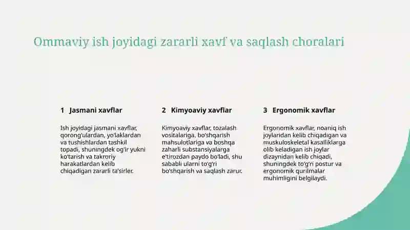 Ish joyida uchraydigan asosiy zararli ta'sirlar va ularga gigiyenik baho 3