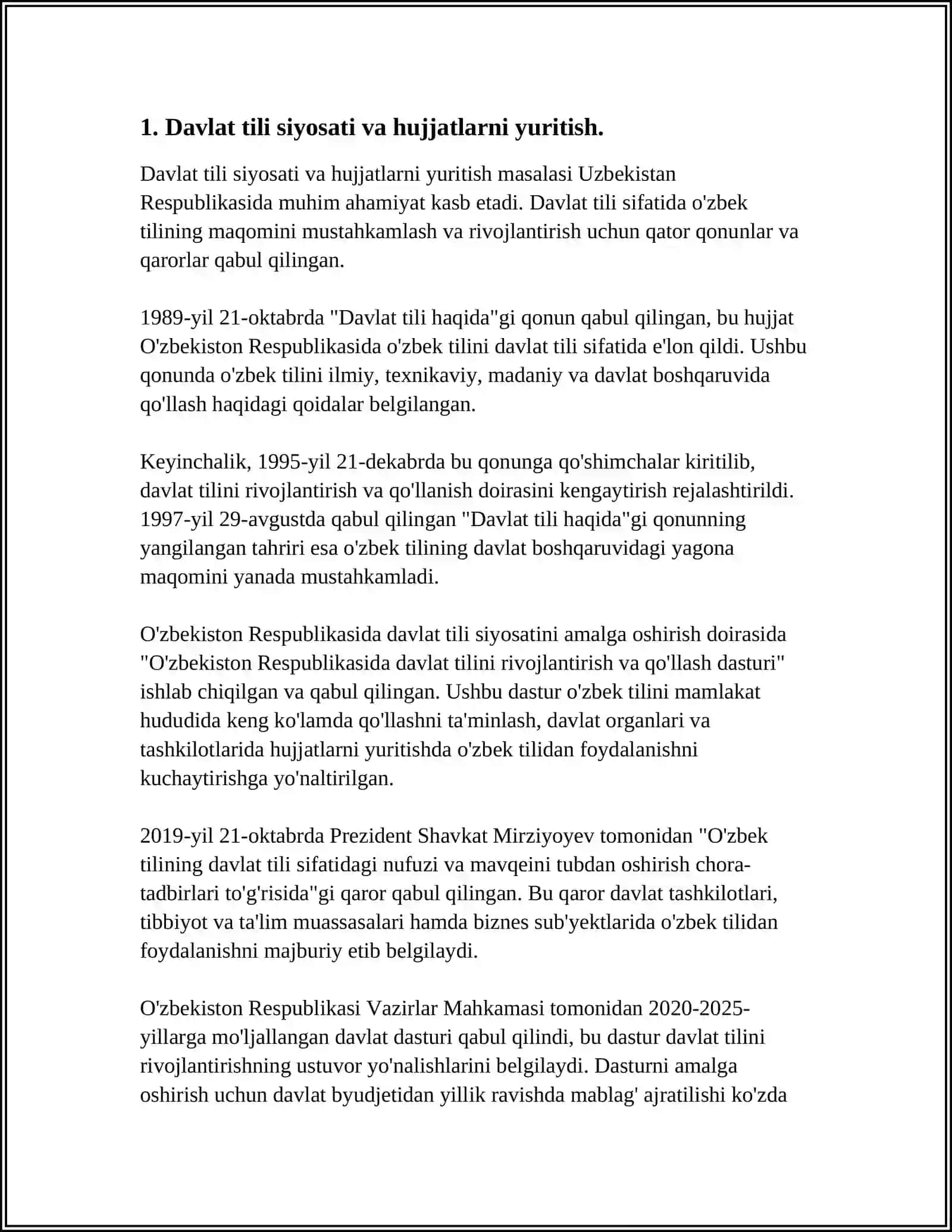 DAVLAT TILIDA ISH YURITISH FANINING MAQSAD VA VAZIFALARI. ISH HUJJATLARI VA ULARGA QO'YILADIGAN ASOSIY TALABLAR 3