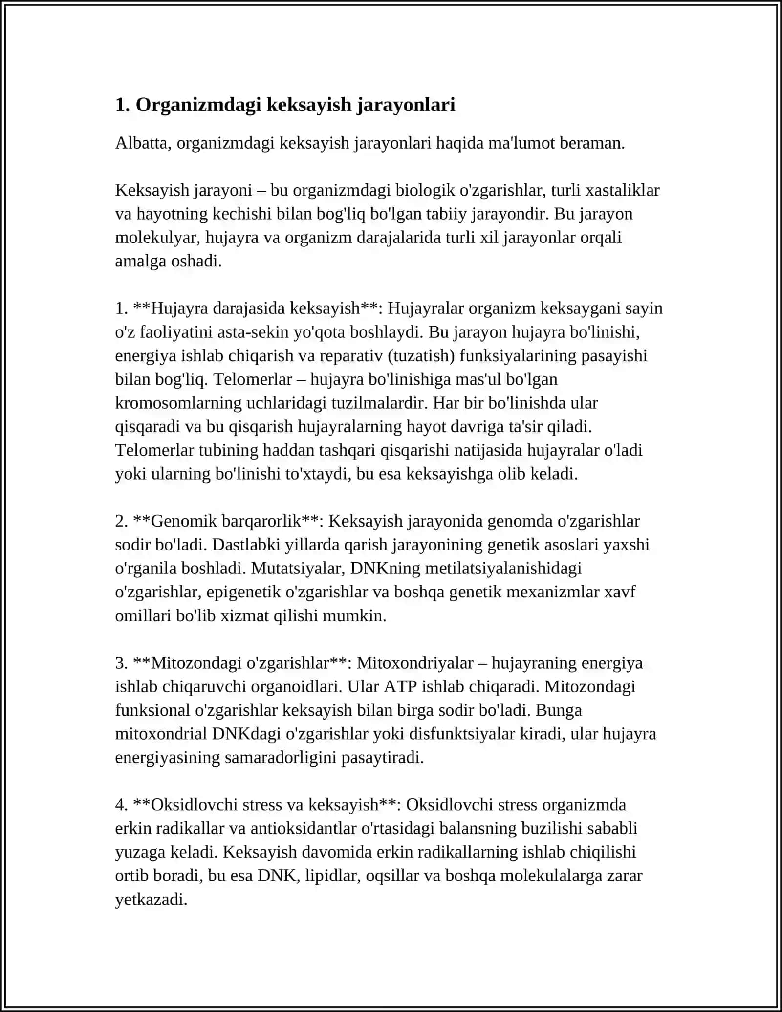 ORGANIZMDAGI KEKSAYISH DAVRIGA XOS ÒZGARISHLAR. APAPTOZ MEXANIZMLARI. PROGERIYYA ETIOPATOGENEZI 3