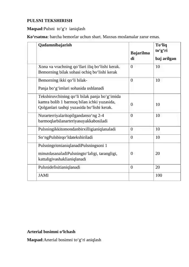 Pulsni tekshirish. AD o’lchash. Tana vaznini o’lchash. Tana massi indeksini hisoblash. Ko’krak qafasi palpasiyasi. Yurak sohasi palpasiyasi va perkussiyasi. Yurak auskultatsiyasi. 3