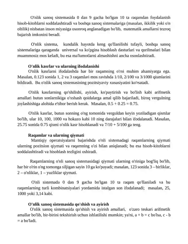 O'nlik sanoq sistemasi xususiyatlari va uning nomerlashga asos qilib olinishi 3