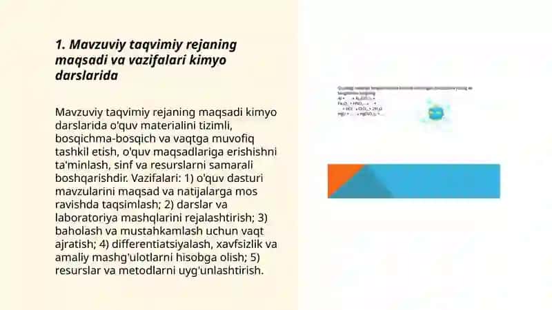 Mavzuviy taqvimiy reja. Kimyo darsining konspekti (matni)ni tuzish metodikasi 3