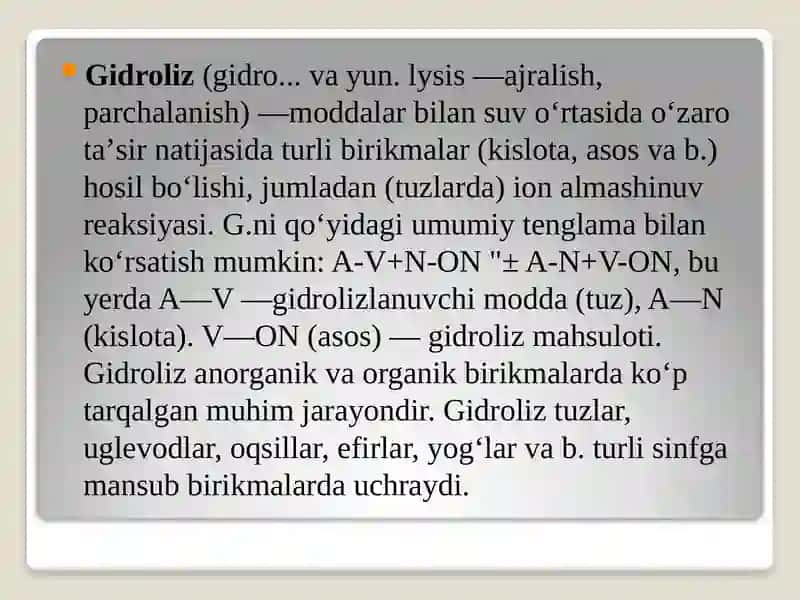 GIDROLIZ TURLARI. GIDROLIZLANISH KONSTANTASI.GIDROLIZLANISH DARAJASI 3