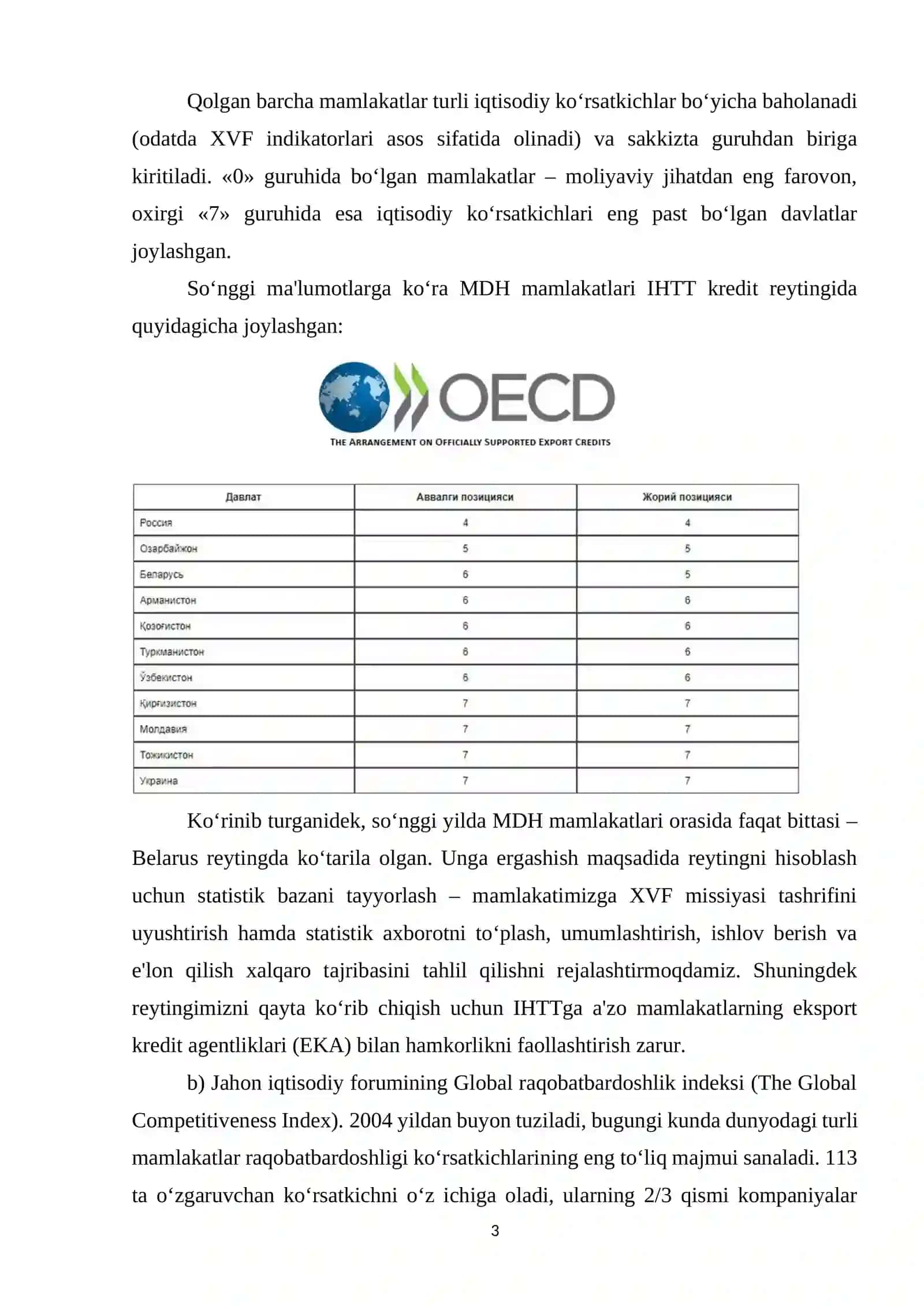 Iqtisodiy va ijtimoiy sohadagi ustuvor reytinglar va ularga O`zbekistonning integratsiyalashuvi 3