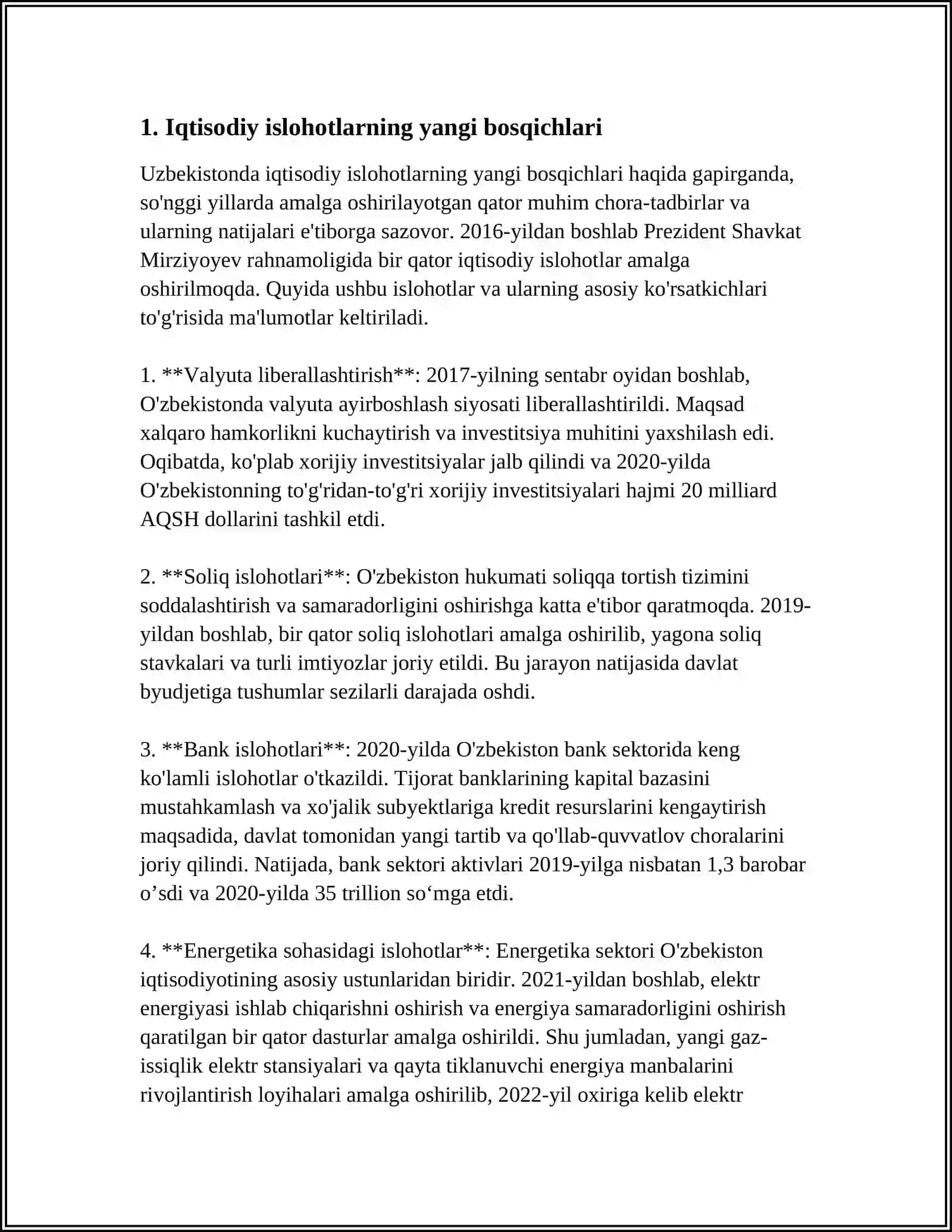 O‘ZBEKISTONDA AMALGA OSHIRILYOTGAN ISLOHOTLARNING YANGI BOSQICHLARI HAQIDA MA'LUMOTLAR TO'PLASH VA REFERAT TAYYORLASH 3