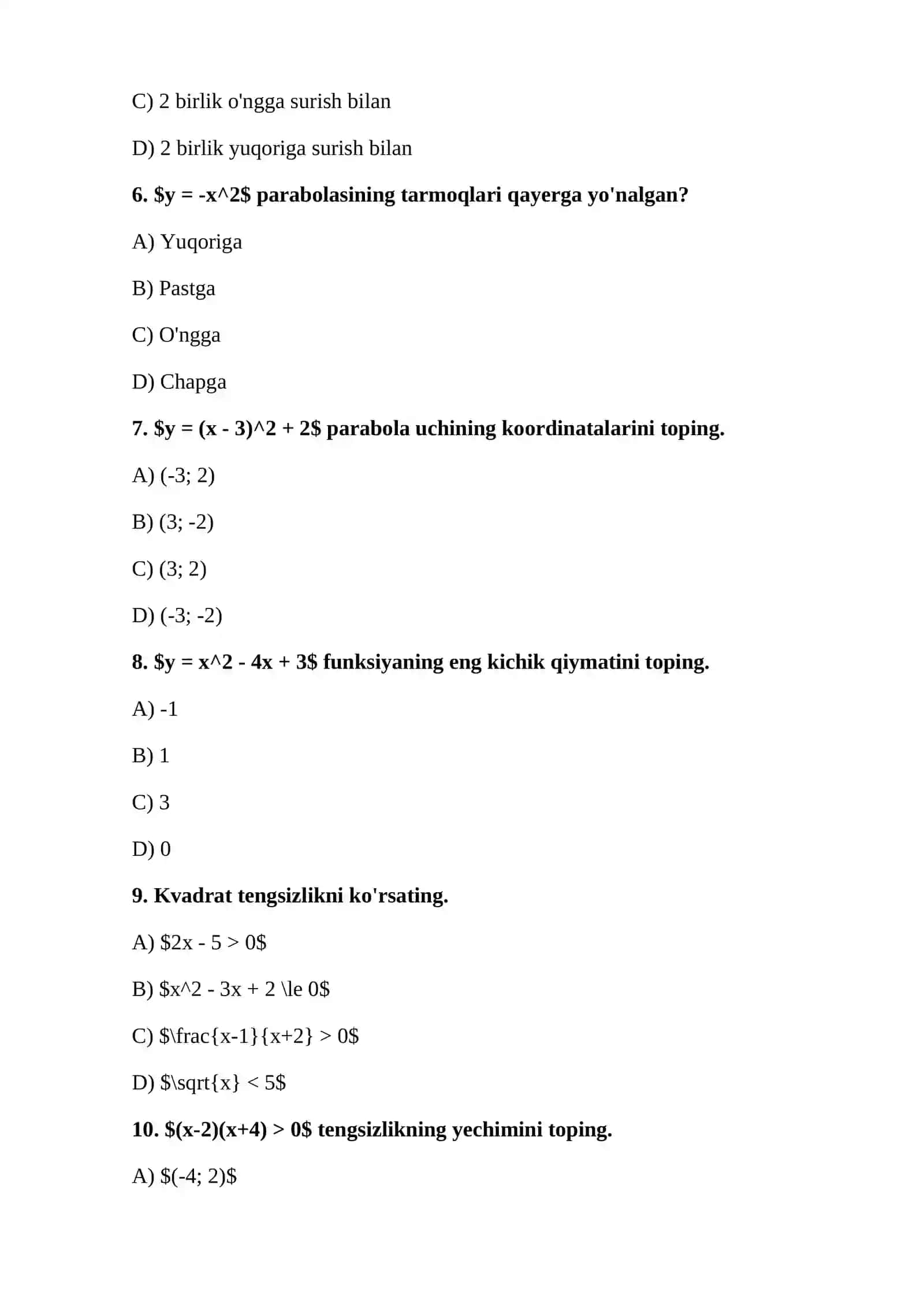 9-sinf Algebra: Barcha boblar bo'yicha testlar to'plami 3