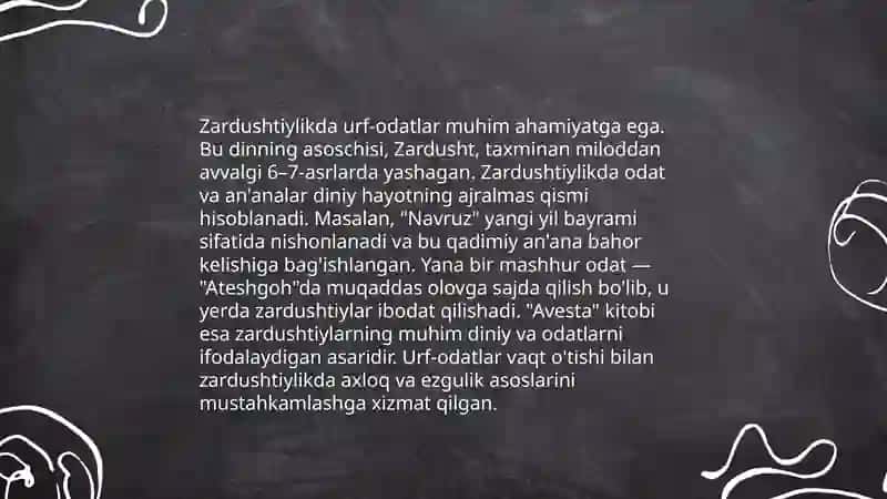 Zardushtiylik ta'limotida urf-odat marosimlar, ma'naviy axloqiy qarashlar 3
