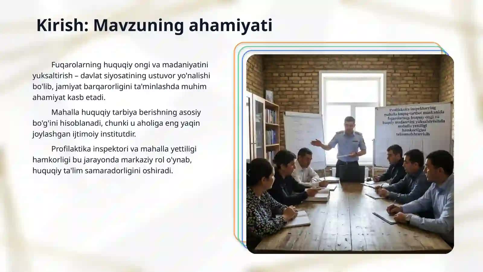 Profilaktika inspektorining mahalla huquq-tartibot maskanida fuqarolarning huquqiy ongi va huquqiy madaniyatini yuksaltirishda mahalla yettiligi bilan hamkorligini takomillashtirish 3