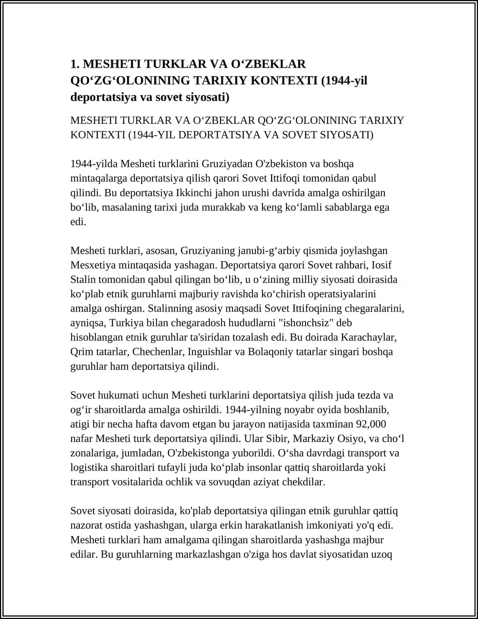 MESHETI TURKLAR VA OʻZBEKLAR QOʻZGʻOLONINING TARIXIY KONTEXTI (1944-YIL DEPORTATSIYA VA SOVET SIYOSATI) 3