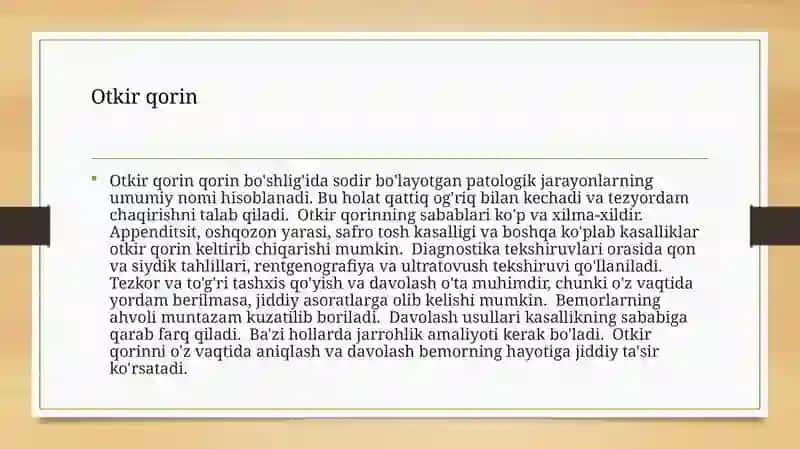 O‘tkir qorin muammosi. Kaminvaziv xirurgiya. Peritonitlarda qorin bo‘shlig‘ini drenajlash usullari. 3