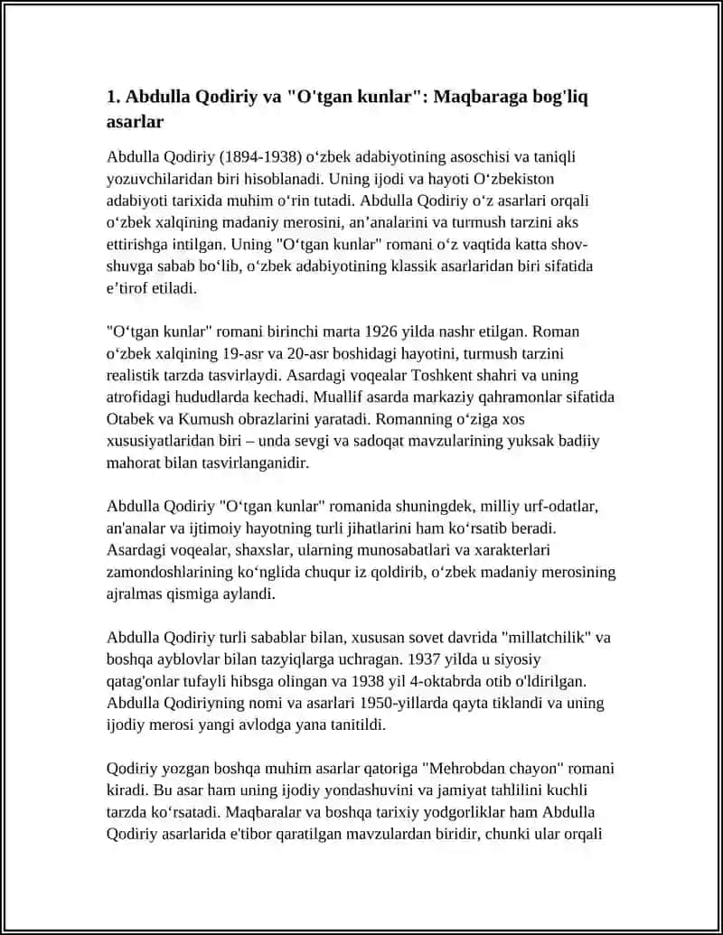 Abdulla Qodiriy va "O'tgan kunlar": Maqbaraga bog'liq asarlar 3