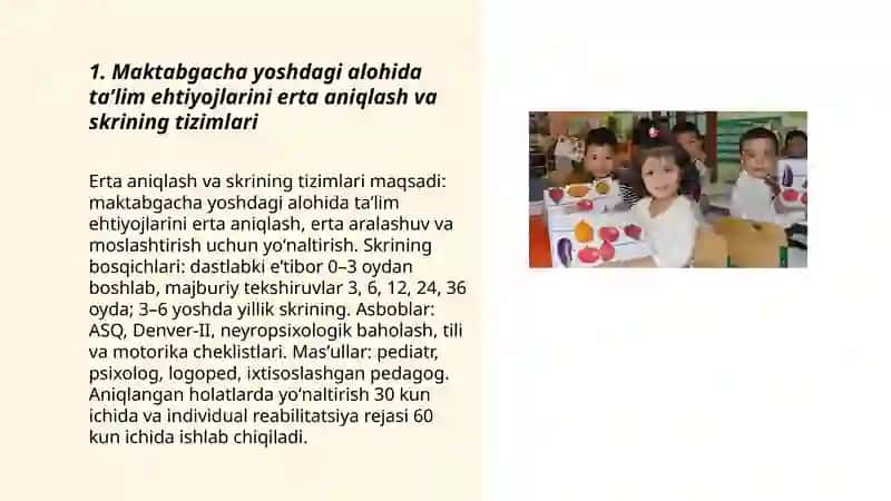 Maktabgacha yoshdagi alohida taʼlim ehtiyojlari boʻlgan bolalarni ixtisoslashtirilgan maktabgacha taʼlim tashkilotlariga jalb qilish 3