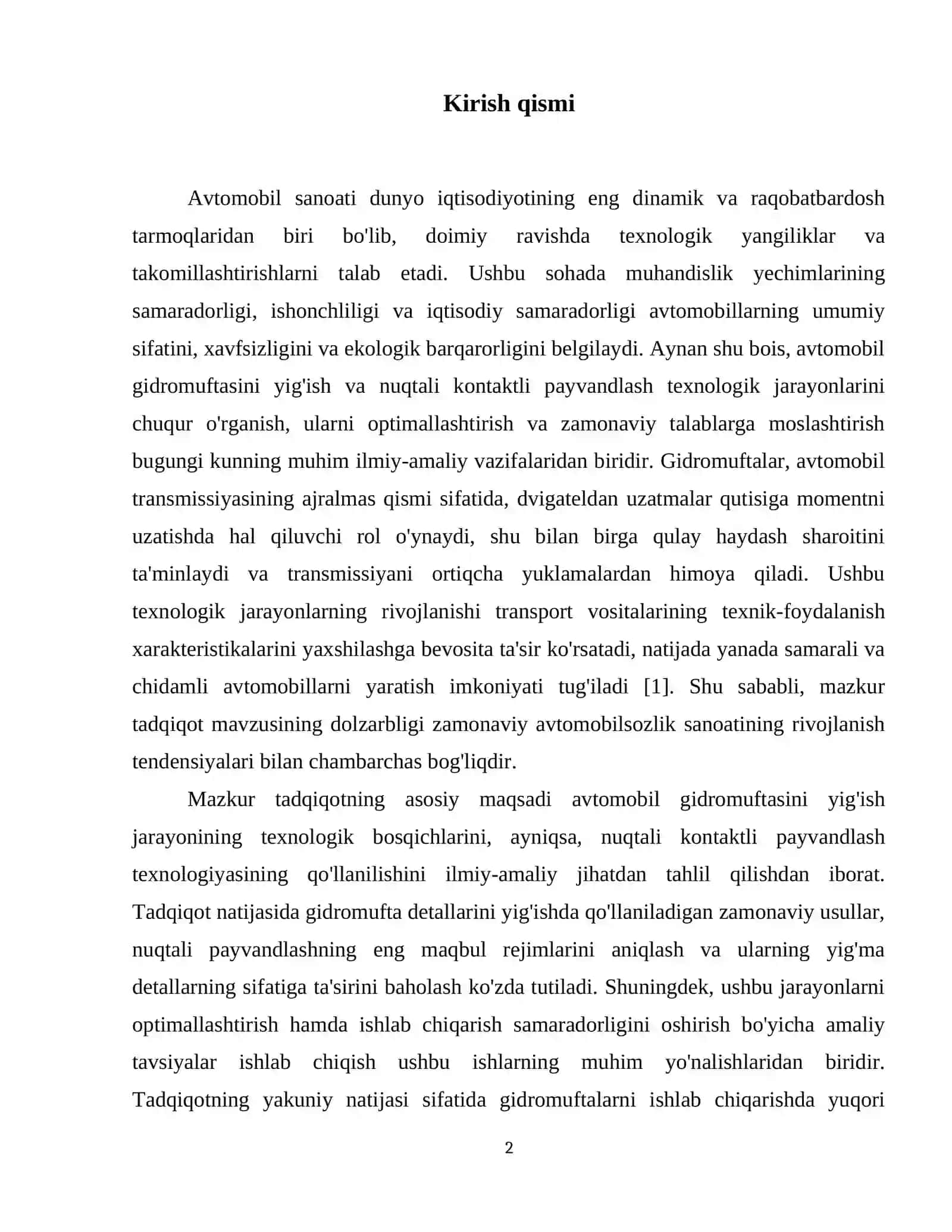 Avtomobil gidromuftasini yigʻish va nuqtali kontaktli payvandlash texnologik jarayoni haqida 25-30 varoqli hisobot tayyorlab bering. 3