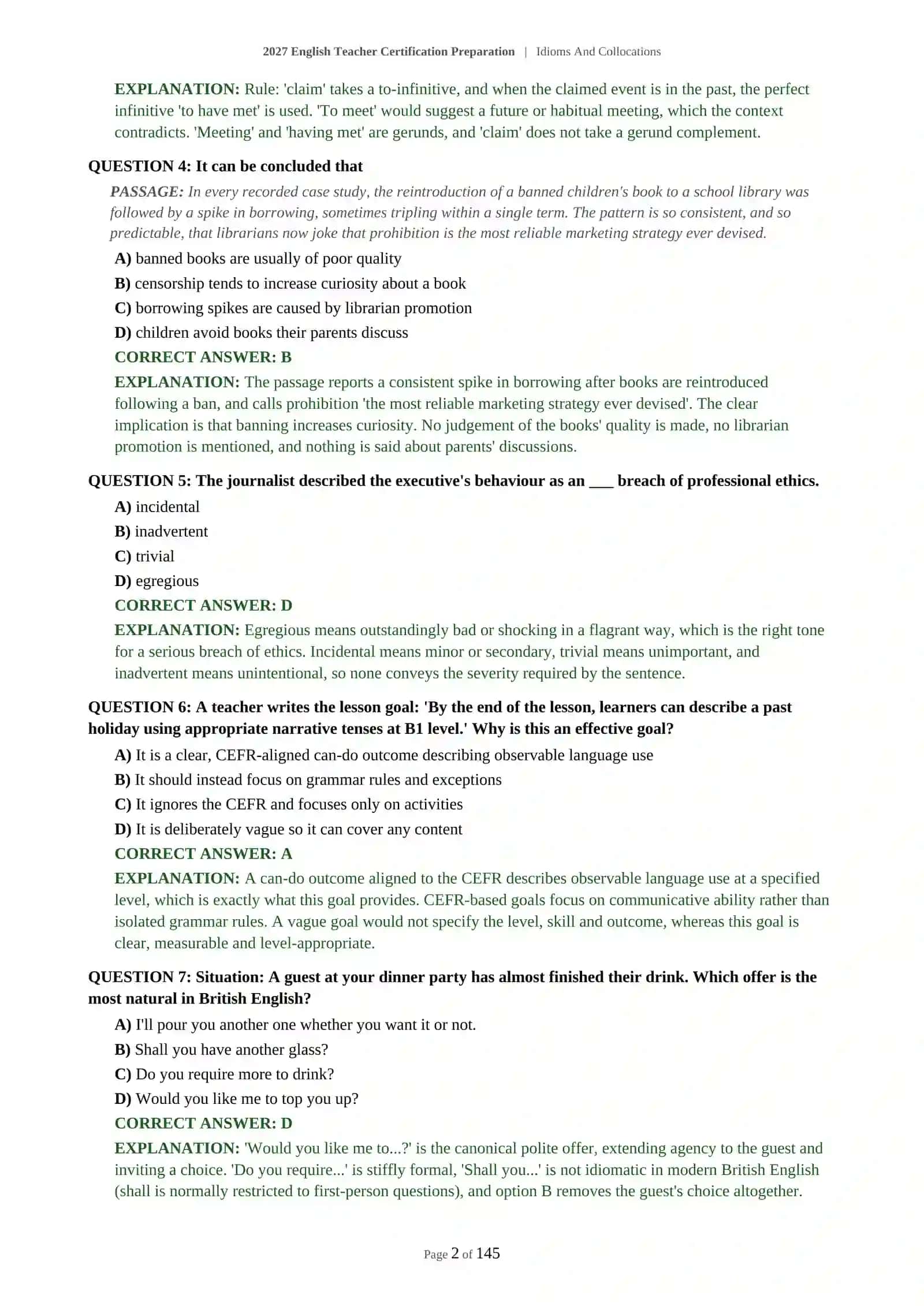 ENGLISH LANGUAGE TEACHER ASSESSMENT - IDIOMS AND COLLOCATIONS - 2027 CERTIFICATION PREPARATION 3