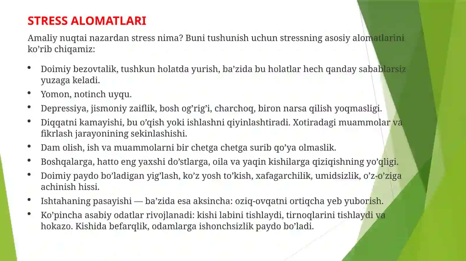 STRESS — ALOMATLARI, TURLARI, SABABLARI, DAVOLASH VA OLDINI OLISH 3