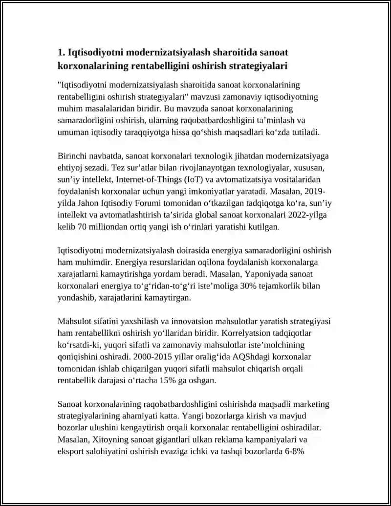 IQTISODIYOTNI MODERNIZATSIYALASH SHAROITIDA SANOAT KORXONASI RENTABELLIGINI OSHIRISH 3