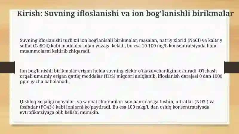 Suvning ifloslanishi va ion bog'lanishli birikmalarni aniqlash usullari 3