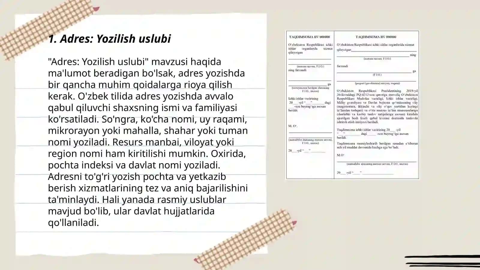 Adres, ariza. Yozilish uslubi, o‘ziga xos xususiyatlari. Tarjimayi hol. Bildirishnoma 3