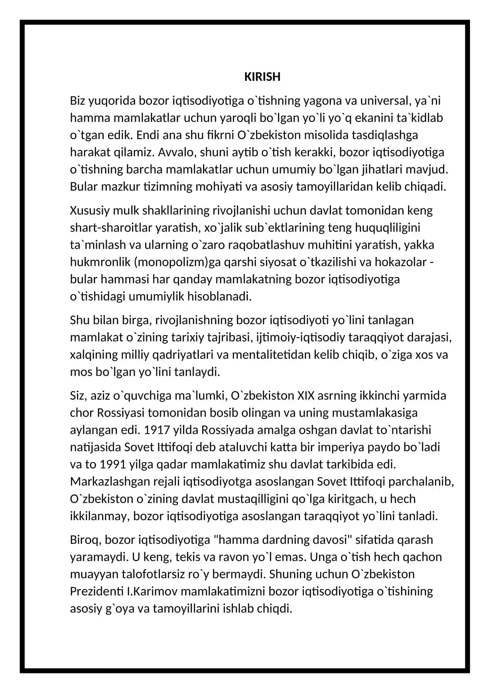 O’zbekistonda milliy bozorni shakllantirish va rivojlantirish muammolari REFERAT 3