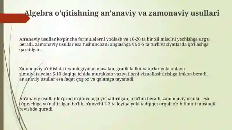 Algebrik materiallarni òrgatish metodikasi 3