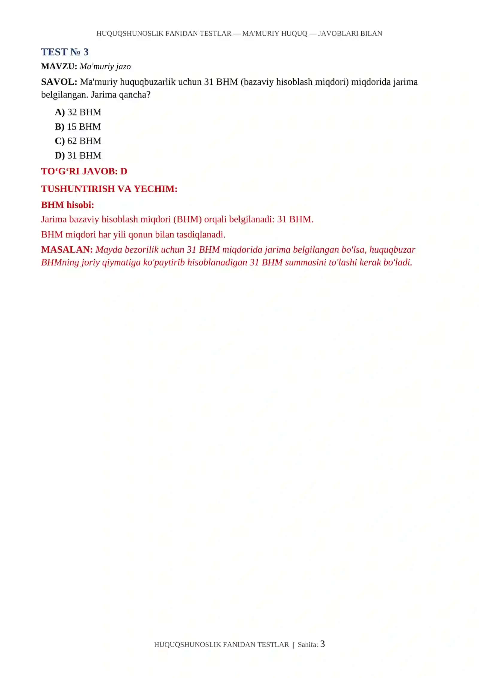 HUQUQSHUNOSLIK FANIDAN TESTLAR — MA'MURIY HUQUQ — JAVOBLARI BILAN 3