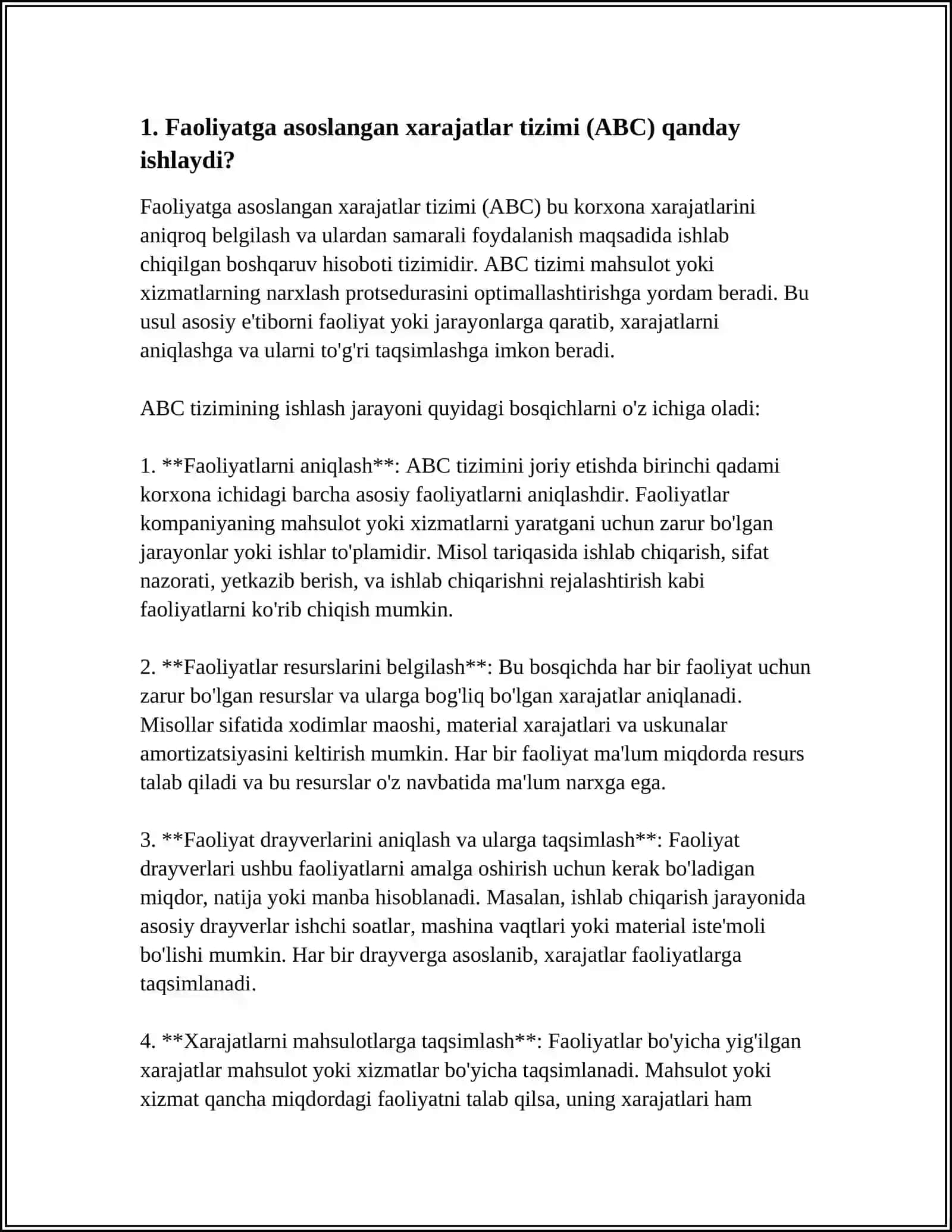 Faoliyatga asoslangan xarajatlar tizimi (ABC) tahlili 3