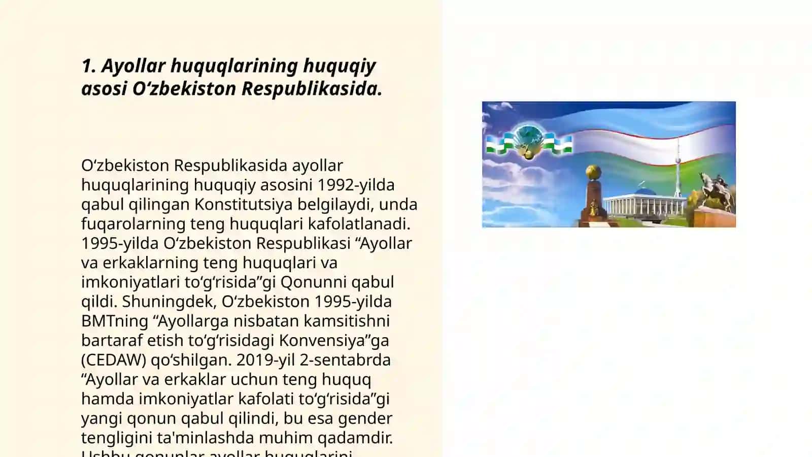 Ayollar huquqlari- O‘zbekiston Respublikasi milliy qonunchiligida. Gender tenglik. Himoya orderi 3