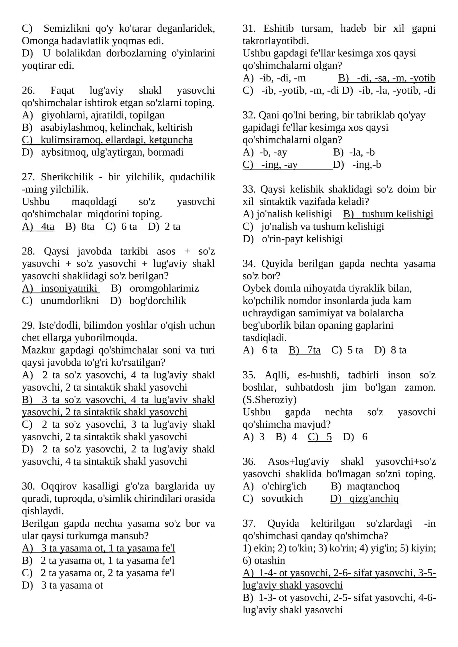 So‘z tarkibi (asos va qo’shimchalar) testlar 3