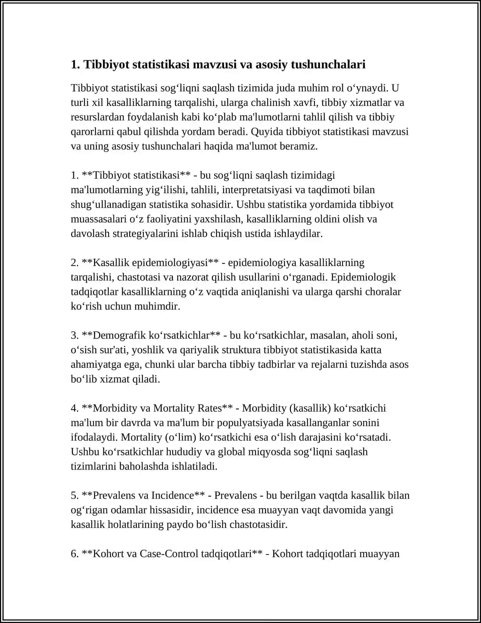 Tibbiyot statistikasi asoslari uning sog'liqni saqlashdagi ahmiyati. Tibbiyot statistikasini turlari 3