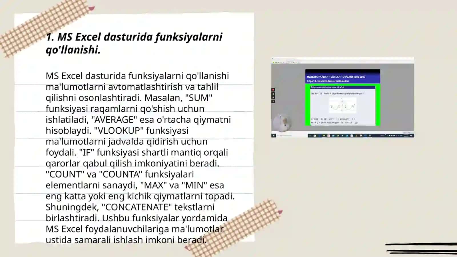 MS Excel dasturida funksiyalardan foydalanib murakkab hisobotlar tashkil etish 3