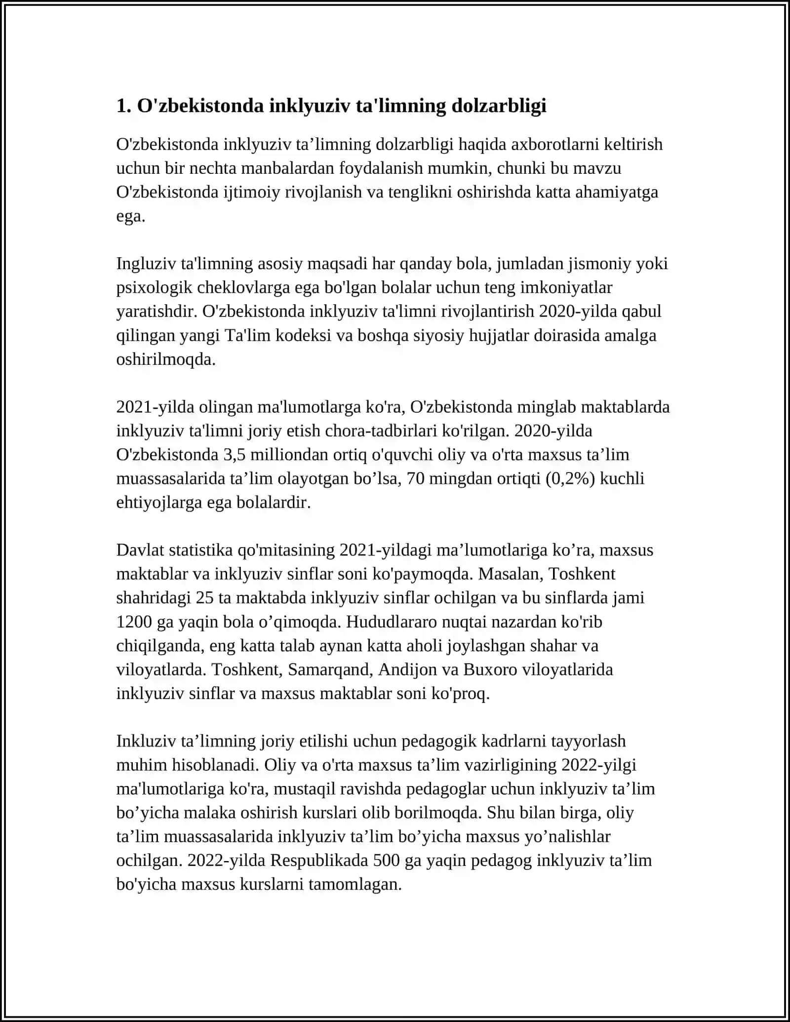 OʻZBEKISTONDA INKLYUZIV TAʼLIMNING MEʼYORIY HUQUQIY BAZASINI TASHKIL ETISH 3