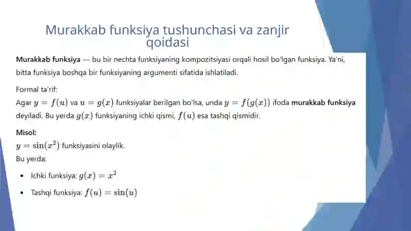 Murakkab va oshkormas funksiyaning hosilalari (ma’ruza) 3