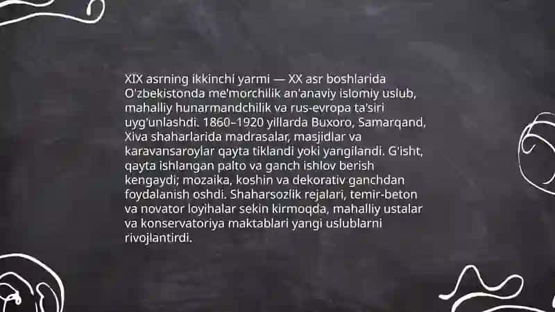 XIX asrning ikkinci yarmi XX asrda òzbekistonda memorchilik tasviriy sanat miniatyura va amaliy san'at 3