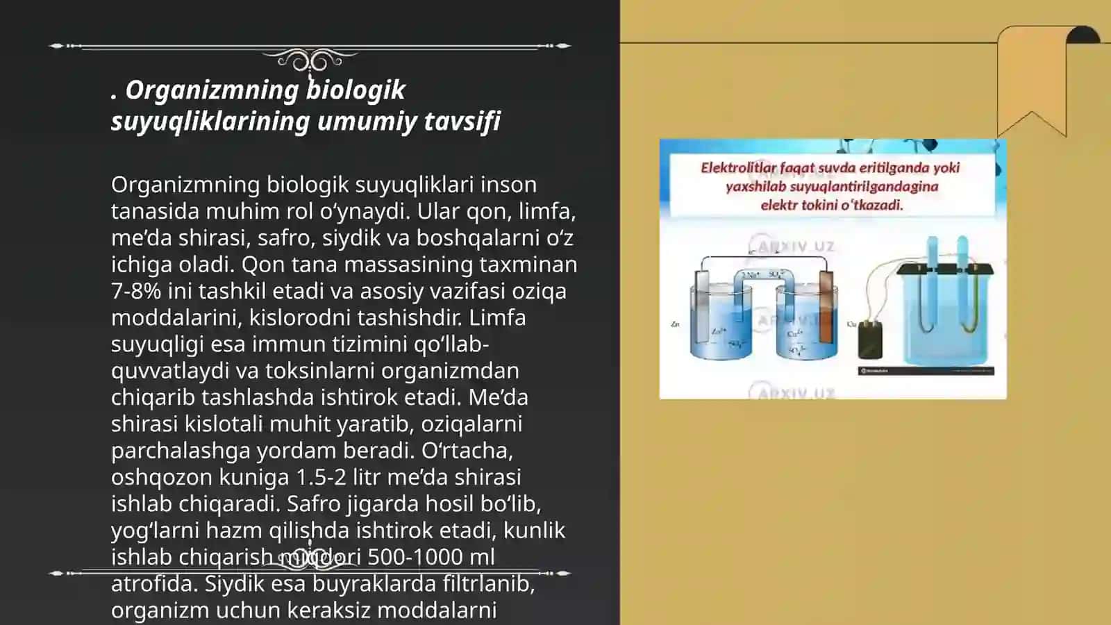 Organizmning biologik suyuqliklari elektrolitlar va noelektrolitlar eritmalari sifatida 3