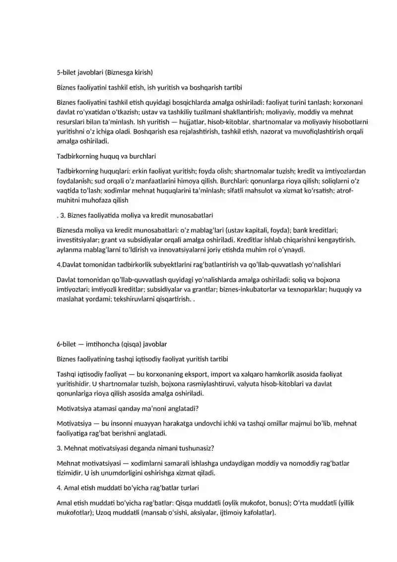biznesga krish fanidan yakuni javoblari bilan 3