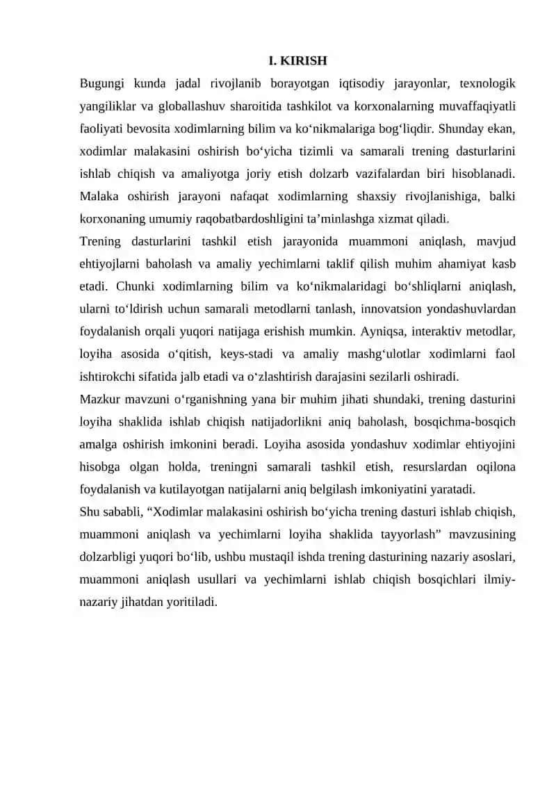 Xodimlar Malakasini Oshirish Boʻyicha Trening Dasturi Ishlab Chiqish, Muammoni Aniqlash va Yechimlarni Loyiha Shaklida Tayyorlash 3