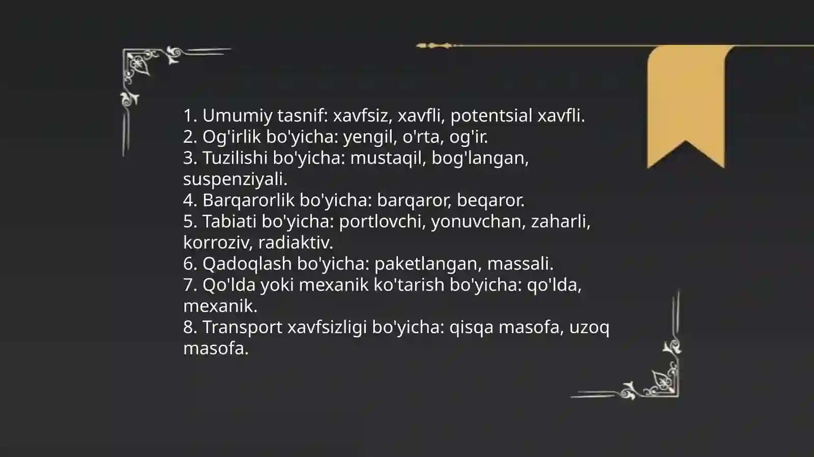 Ishlab chiqarishdagi yuklarining xavfsizlik bõyicha guruhlanishi 3